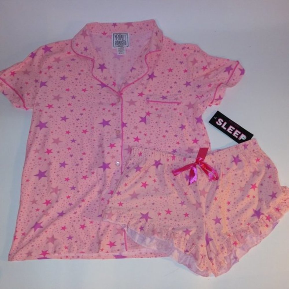 Mentally Exhausted Pajama Set Top & Bottom Pink Stars Short Sleeve Shorts Sleepw